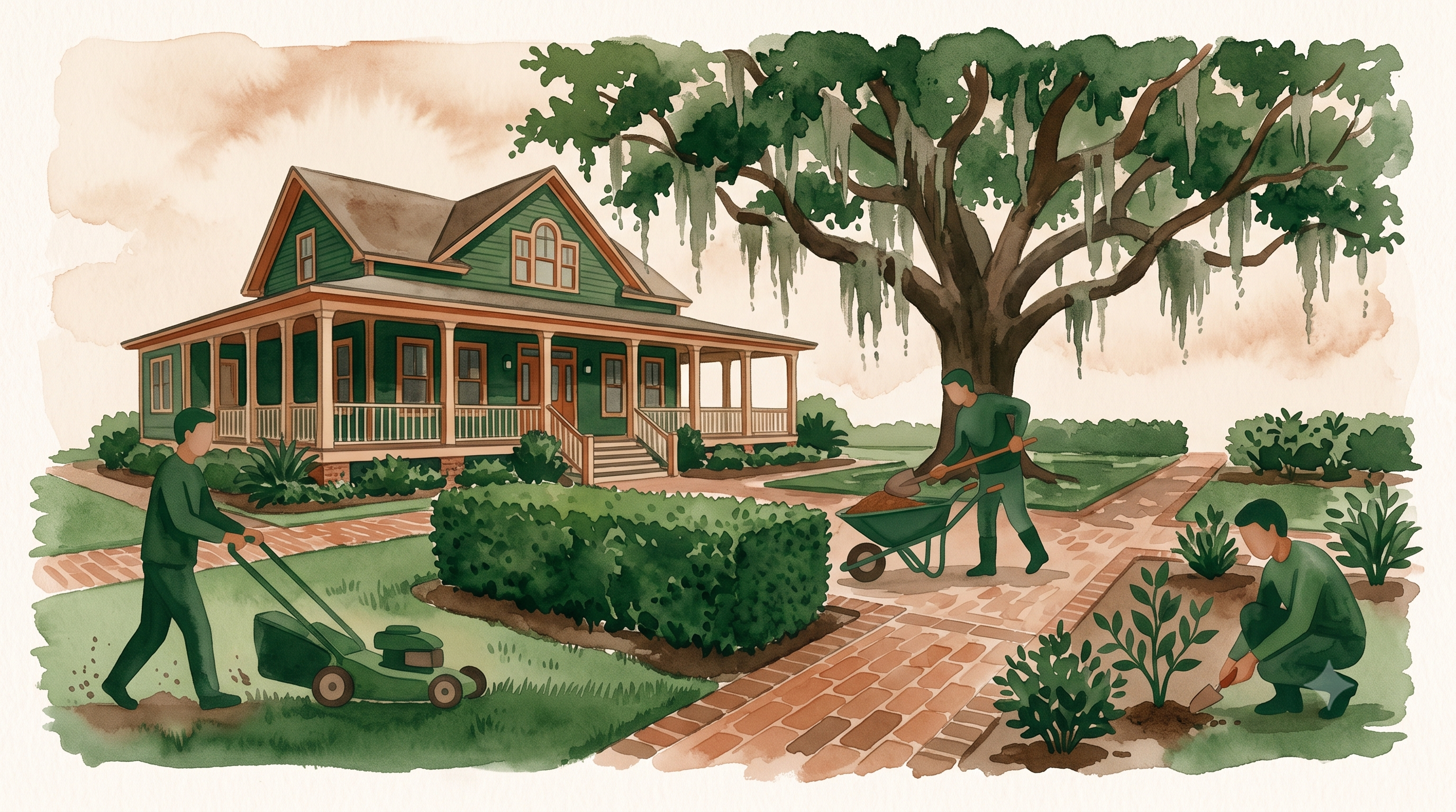 Illustrated landscaping crew at work in a Johns Island SC yard