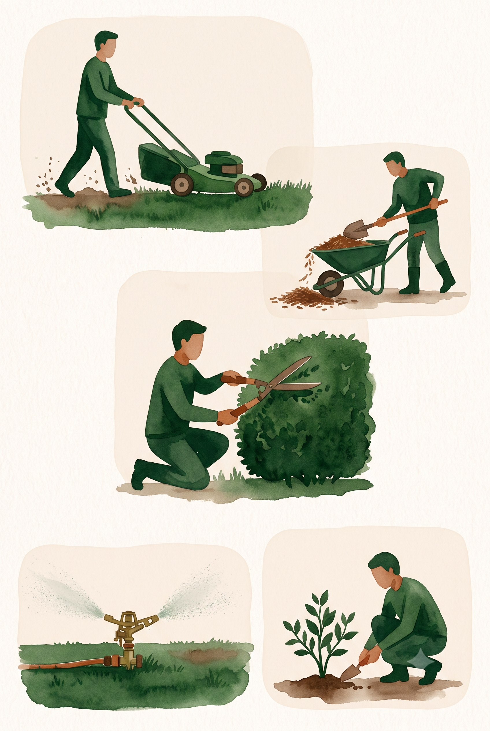 Illustrated overview of Great Garden Landscaping's core services — mowing, mulching, trimming, irrigation, and planting