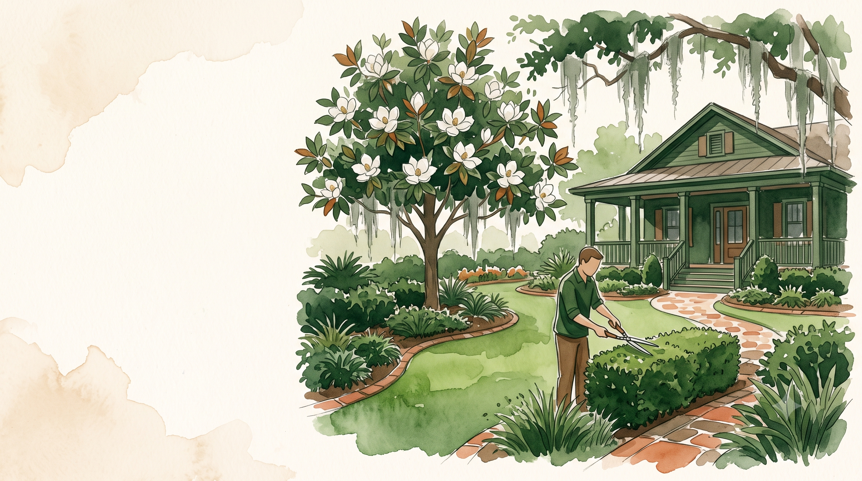 Illustrated Lowcountry yard scene representing Great Garden Landscaping's services in Johns Island, SC